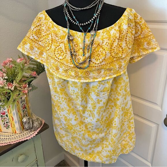 Lane Bryant NWT Yellow Eyelet Embroidery Ruffle Off Shoulder Floral Blouse 18/20 - Picture 1 of 11
